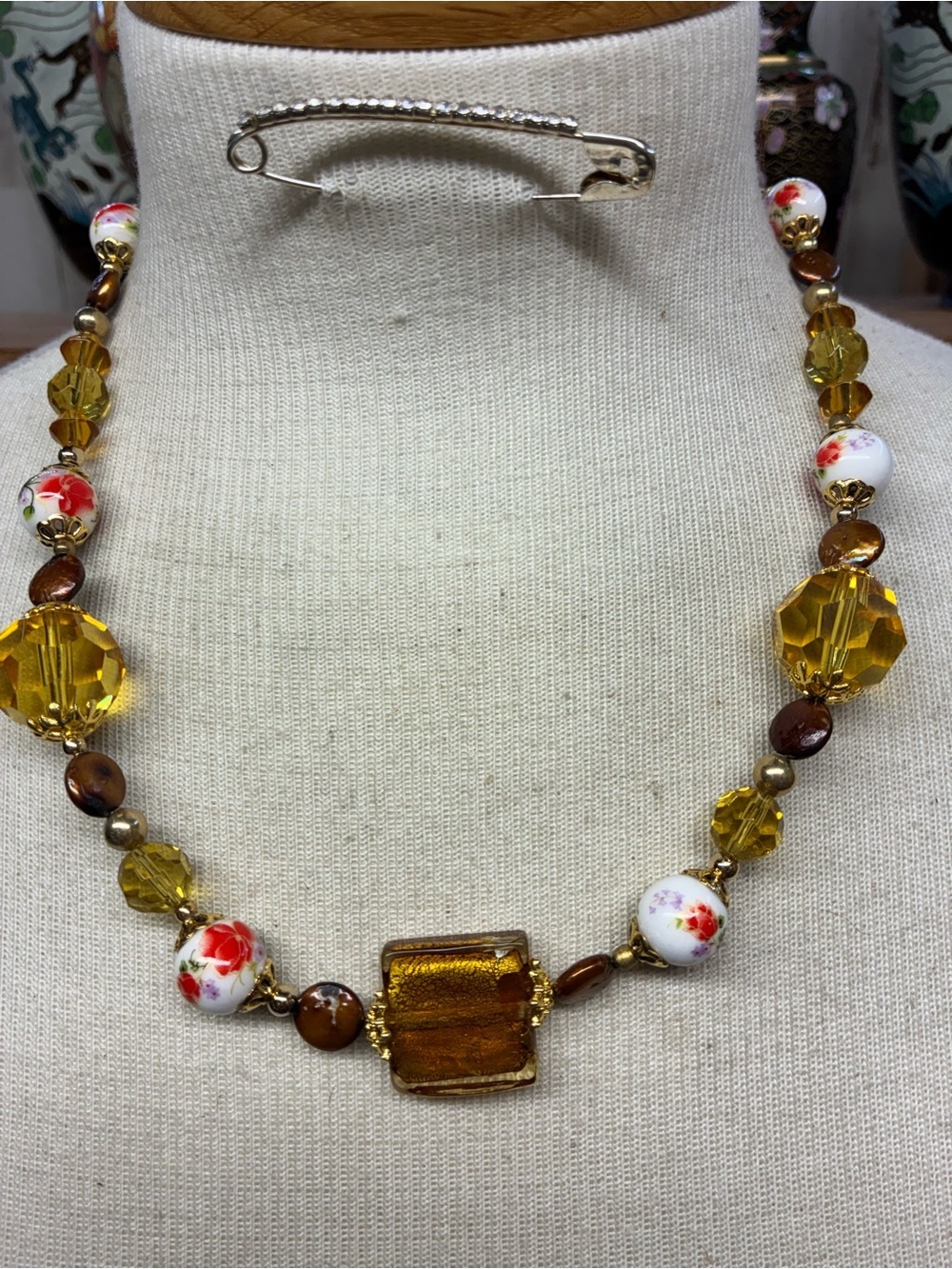 Artisan glass ,pearl and painted porcelain beads